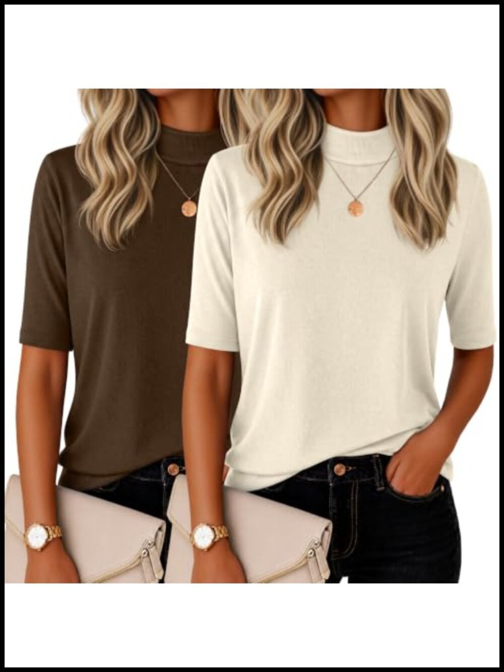 2 Pack Women's Mock Neck Shirts Slim Fit Pullover Tee